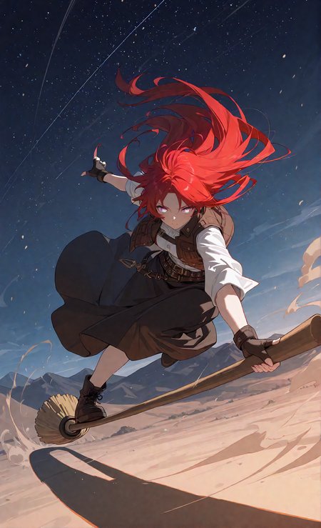 masterpiece, sharp detail, intricate detail, 1girl, detailed eyes, gradient eyes, highly detailed hairs, red hair, long hair, belt, long skirt, vest, fingerless gloves, dynamic pose, dynamic angle, standing,  <lora:Broom Surfing:0.8>, broom surfing, long shot, partially illuminated, dappled light, dramatic shadows, cinematic lighting, detailed background, light and shadow contrast, starry sky, mountain, landscape, dust cloud, motion lines, motion blur,