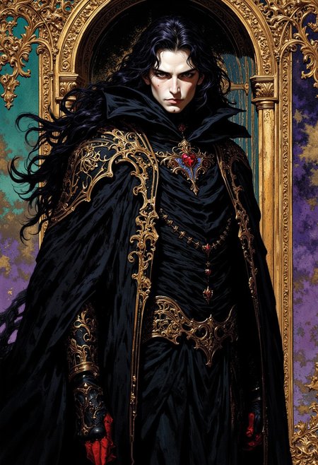 weibo, drawing, illustration retro 90's, Yoshitaka Amano, Ayami Kojima, chromatic aberration, detail, high contrast, cinematic view, volumetric lighting, perspective, (((close-up))), vampire_hunter, gothic_fantasy, long_black_hair, stoic_expression,golden_details, ornate_doorway, baroque_details,metallic_scrollwork,dark_mysterious_aesthetic, teal_reflections, opulent,purple_twilight,dramatic_lighting,high_contrast, eerie_atmosphere,fantasy_art,intense_gaze,dark_romantic, gritty_texture, melancholic_mood, thick_linework, surreal,cinematic, intense_detail,photorealistic,(sharp focus:1.3). A stylized character with a striking appearance. A close-up of a character a tall, mysterious vampire hunter with pale skin and a stoic expression, dressed in a flowing black cloak. He has long, wavy black hair that cascades over his shoulders. The background features an ornate, dark, and mysterious doorway with intricate metallic designs, centered in an opulent and gothic-inspired room. The door stands slightly ajar, revealing darkness beyond, adding a sense of foreboding and otherworldly beauty, echoing the elegance and decadence of the scene. The scene has a dramatic, high-contrast color palette, with deep shadows and highlights accentuating the hunter's stoic demeanor. The image is highly detailed, with a focus on the textures of his suit, the sharpness and the way his interacts with the.
DB4RZ, DB4RZ style painting