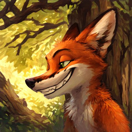 score_9, score_8_up, score_7_up, source_furry, rating_safe, by kenket, anthro, solo, male, fox, green eyes, leaning against tree, grin,
 <lora:Better_Kenket:0.9>, score_9, score_8_up, score_7_up, score_6_up, score_5_up,