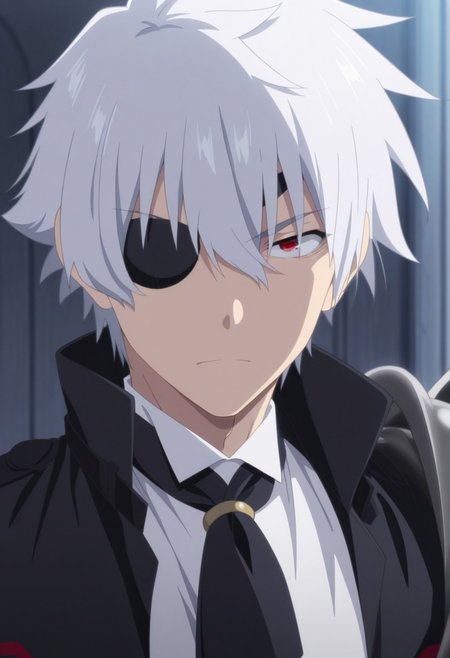masterpiece,best quality,amazing quality, source_anime, 
NagumoHajime, 1boy, male focus, solo, red eyes, eyepatch, white hair, single mechanical arm, shirt, white shirt, collared shirt, necktie, black necktie, coat, black coat, serious, portrait,