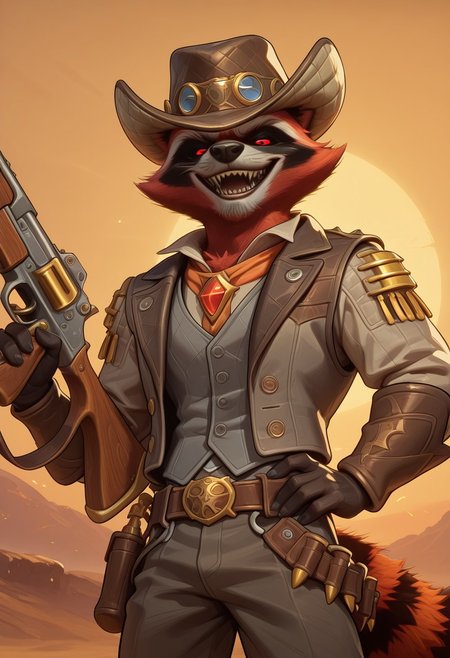 masterpiece, best quality, amazing quality, very aesthetic, absurdres, newest,  high quality, detailed, male, solo male, RocketBH, 1boy, broad shoulders, mature male, anthro, raccoon, animal ears, black and red orange fur, red eyes, red sclera, athletic build, facial hair, cowboy hat, gray vest, gray jacket, cowboy, bounty hunter, looking at viewer, grinning, sharp teeth, detailed face, detailed eyes:2.0, volumetric lighting, half body, outdoors, western, southern, orange (theme), old west, hand on hip, gun belt