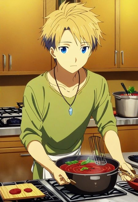 high resolution, solo, best quality, 1Boy, Yamato Ishida, Blond Hair, Blue Eyes, Necklace, cooking, kitchen, OverallDetail