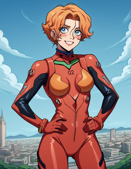 score_9, score_8_up, score_7_up, source_anime, <lora:castlevania-sypha-ponyxl-lora-nochekaiser:1>, sypha, short hair, blue eyes, orange hair,, <lora:souryuu-asuka-langley-cosplay-ponyxl-lora-nochekaiser:1>, souryuuasukalangleycosplay, souryuu asuka langley (cosplay), bodysuit, pilot suit, plugsuit, red bodysuit, interface headset,, cityscape, smile, blush, hands on hips,, , cowboy shot, dutch angle