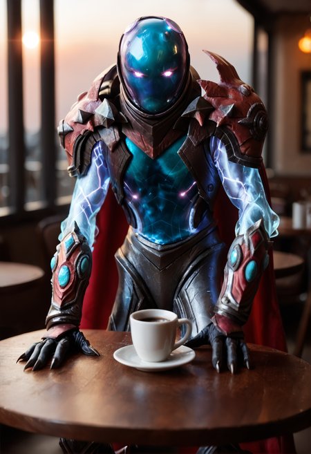 <lora:Arc_Warden_v1:1> arc_warden_v1, 
1boy, no humans, 
glowing,  
claws, 
armor, cape, helmet,gloves, shoulder armor, boots, gloves,, score_9, score_8_up, score_7_up, score_6_up, derpibooru_p_95,
detailed eyes, beautiful, detailed background, perfect eyes,
blur censor, blurry, blurry background, blurry foreground, bokeh, motion blur,
chromatic aberration, depth of field, figure, focused,  focus
photography, realistic sun light and shadows, photorealism, UHD --ar 9:16 --style raw --stylize 700,
solo,
cafe table, sunrise,dramatic lighting, coffee on table, 1990s \(style\), vintage,, sitting on chair,looking at viewer,