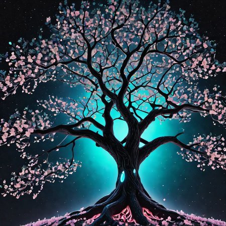 biolumen, cherry blossom tree,universe,luminous leaf, galaxy, night sky, BL4CK3STBL4CK, black_theme, matte_color, flat color
