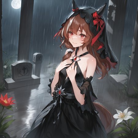 score_9, score_8_up, score_7_up, source_anime, 2D, anime BREAK
1girl, solo, red eyes, bare shoulders, small breasts, horse ears, horse tail, bangs, eyebrows visible through hair, long brown hair, (streaked hair), hair between eyes, hair scrunchie, sad, grief, dark_theme, dark_scene, night, (black:1.4), (widow, black gloves, black veil, black funeral dress), tombstone, spider lily, rain, outdoors, (wet clothes), hands on own chest, 
smile, blush, <lora:StillinLove_v1-ponyXL:1>,