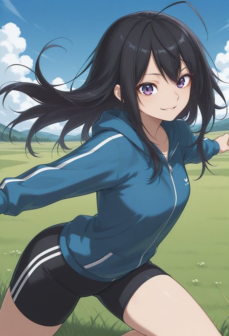 yonagi_kei, purple eyes, black hair, long hair, ahoge, <lora:yonagi_kei_illustrious_ver2:0.8> 
smile, cowboy shot,, masterpiece, best quality, sensitive,, 1girl, solo, blue sky, (grasslands:1.2), looking at viewer,, (dynamic pose:1.4),