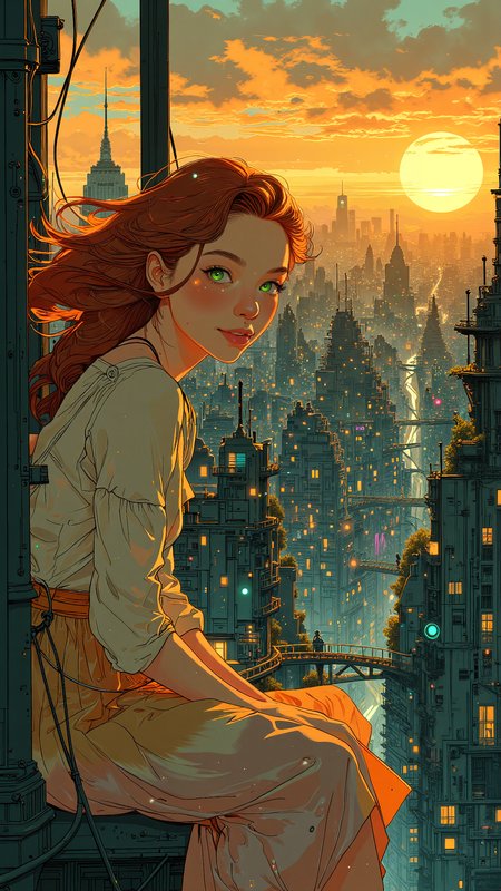 High-resolution semi-realistic illustration, in the surreal and illusionary style of Tang Yau Hoong, blending bold colors, abstract depth, and dreamlike perspective. A young woman sits at the edge of a floating balcony high above an endless cityscape, the wind catching her long, wavy crimson hair. Her emerald-green eyes reflect the golden sunset stretching across the horizon, her lips curved into a peaceful, introspective smile. She wears a light, off-shoulder blouse tucked into a flowing, pleated skirt that shifts in gradient colors, blending with the sky. Beneath her, the city seems to bend and fold into itself, staircases twisting in impossible directions, buildings stretching into infinity, while scattered glowing windows form constellations in the deepening dusk. Painterly warm golds, deep blues, and glowing magentas, evoking a tranquil yet surreal, weightless atmosphere <lora:Blue_Future:0.8> <lora:Anime_Art_V3:0.8>
