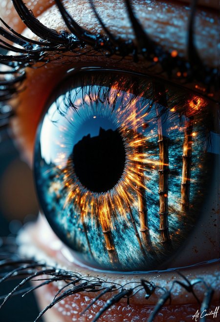 Extreme macro shot of a compound eye with a mesmerizing bamboo forest pattern etched across its iris. Flames and glowing blue water surge from the pupil in intertwined spirals, the fire casting flickering gold highlights while the water radiates an eerie, bioluminescent chill. A slender proboscis extends from the lower edge of the eye, its needle-like tip delicately sipping from the clear, luminous liquid. The surrounding bamboo stalksâeach reflected in the eye's fractal lensesâtremble as if alive, their leaves whispering secrets. Heat and cold warp the air above the pupil, creating shimmering mirage distortions where the opposing elements collide., fg, l1n0c2t<lora:Flux/Stylized-Super-Texture.safetensors:0.4000000000000001:0.4000000000000001> <lora:CustomFlux/MysticFantasy.safetensors:0.20000000000000004:0.20000000000000004> <lora:CustomFlux/MysticRealism.safetensors:0.7000000000000002:0.7000000000000002> <lora:Flux/Linocut - s1 g4.safetensors:0.25000000000000006:0.25000000000000006>