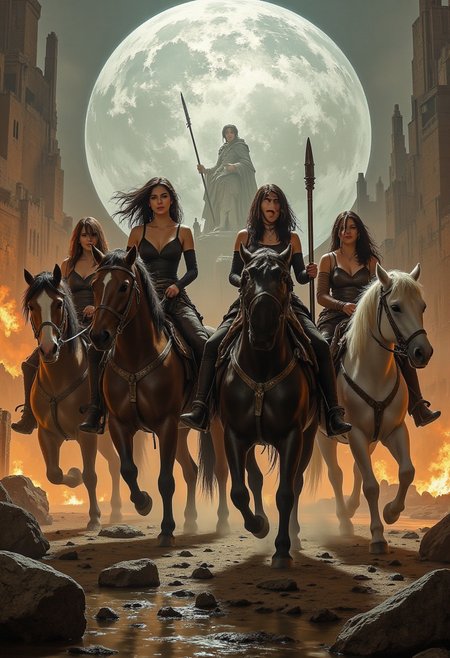 four beautiful women on horses representing the four horsemen of the apocalypse. A dystopian scene as the women ride the horses.