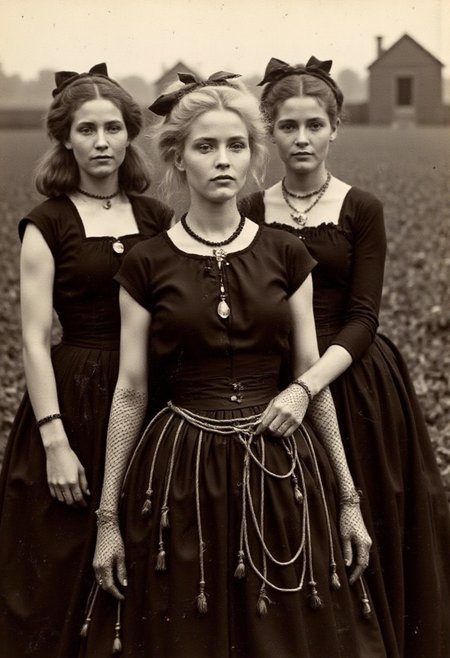 An aged worn sepia monochrome 1800s photograph A breathtaking 1984 fashion full-body photograph portrait, group of Amish women on a farm background,  capturing a 1983 Elle Vogue magazine fashion shoot featuring a beautiful Madonna lookalike, in her "street urchin" look consisting of short skirts worn over leggings, necklaces, rubber bracelets, fishnet gloves, hairbows, long layered strings of beads, bleached, untidy hair with dark roots, headbands, and lace ribbons, wearing stark black eyeliner, black nail polish, and black lipstick.