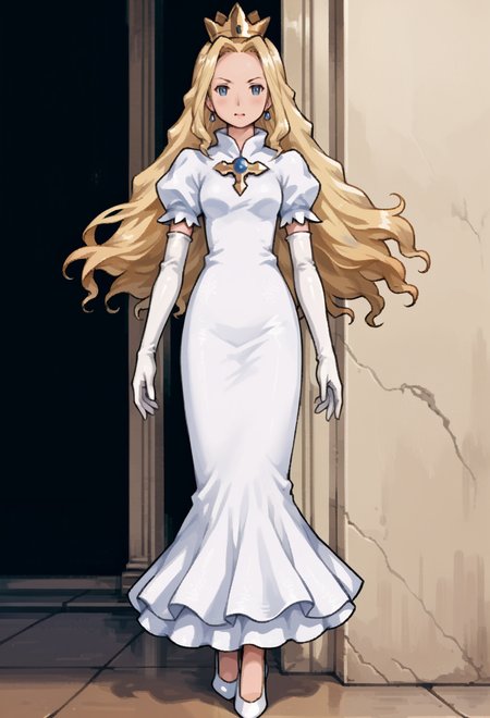score_9, score_7_up, source_anime, BREAK  <lora:PrincessPride:0.6> Princesspride,||  crown, white dress, puffy short sleeves, white gloves, elbow gloves, white footwear, high heels,  <lora:yoshida_akihiko_style_pony_d16:1>