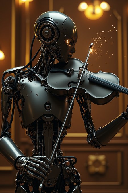 a mechanical humanoid performing with a hyper-detailed carbon fiber violin, visible hydraulics and microactuators in its fingers mimicking delicate human motion, neck and shoulders wrapped in braided sensor cable, polished alloy faceplate with emotionless expression and twin optic sensors, inner gears faintly ticking beneath transparent plating on the forearms, sparks occasionally flick off the bow as it glides across the strings, background is a dimly lit classical concert hall with ambient golden lighting and woodgrain reflections, photoreal and emotionally haunting  








mg-mk.1