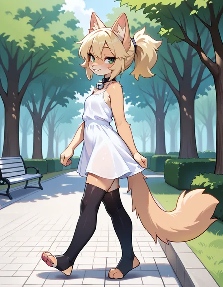 masterpiece, best quality, very aesthetic, absurdres,
outdoors, park, 
sundress, toeless thighhighs, 
walking, from side,
full body, seductive smile, parted lips, long eyelashes,
<lora:Paige_v02_ILXL:1>,
Page,1girl,solo,furry female,cat girl,blonde hair,ponytail,cat ears,animal ear fluff,green eyes,animal nose,collar,neck bell,body fur,cat tail,