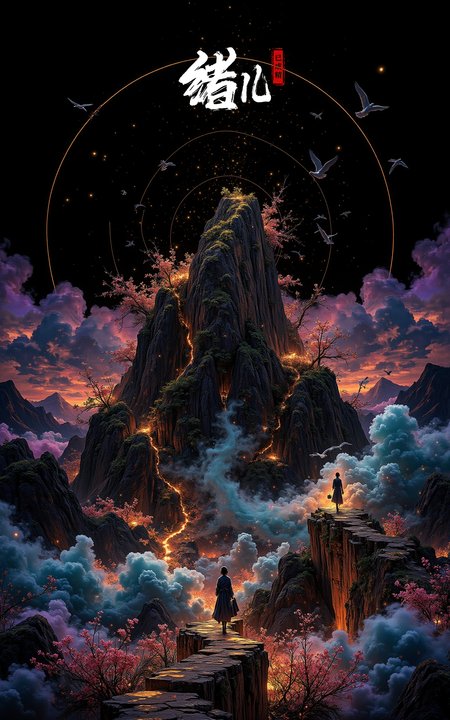 rabbit, no humans, sitting, flower, steam, cup, food, closed eyes, blush, gradient, gradient background, mountain,

stunningly beautiful,Blue and purple smoke，black background，
The golden lines depict the outline of a mountain peak, there are green clouds, a circle of thin lines around the mountain, a person carrying a bamboo basket walking on a path in the mountain, the sky in the distance there are several cranes flying, some peach blossoms inlaid with gold, flying with the wind, the tilted picture, from the sky overlooking the perspective, Chinese ink artistic conception, new meticulous painting, in the style of dreamy landscapes, physically based rendering,  villagecore, winslow homer, aerial view, distorted reality, orient-inspired，
unconventional supreme masterpiece,masterful details,temperate atmosphere,see-through,sunlight,Klein Blue flower,scenery,light particles,red theme,star (sky),night sky,scenery,starry sky,sunset,silhouette,