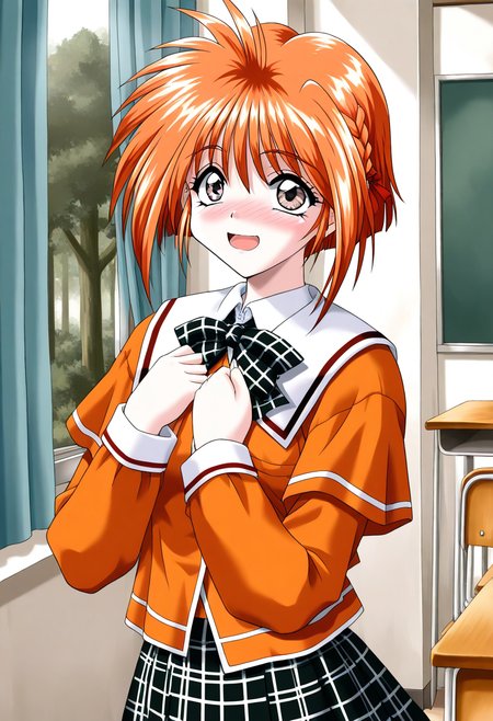 general,highres, ultra-detailed,very aesthetic,best quality ,best hands, BREAK <lora:Kawahara_Ayano_Akumu_AoiKajitsunoSange_IS:0.8>
Kawahara_Ayano, 1girl, solo, short hair, orange hair, small breasts, gray eyes, bangs, 
open mouth, embarrassed+surprised,
smile,
orange school uniform, black and white plaid skirt,   
ribbon,  hands on own chest,  
braid, plaid bow, forest,  long sleeves, 
class room, curtain,