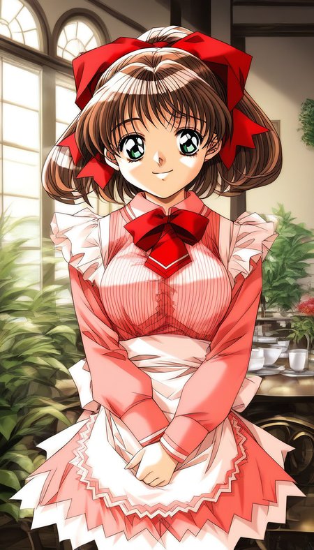 score_9, score_8_up, score_7_up, source_anime, rating_explicit, BREAK <lora:Sunohara_Suzuha_XL:1> Sunohara_Suzuha, brown hair, green eyes, red bow, hair bow, medium hair, ponytail, medium breasts,
 1girl, solo, long sleeves, indoors, retro artstyle, smile, dress, tray, holding, 1990s (style), chair, table, window, holding tray, looking at viewer, waitress, v arms, plant, pink dress, pink bow, apron, bangs
