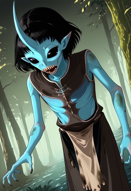 ((Alien humanoid)),
((Alien species)), solo, androgynous, aquatic features 
blue skin, ((webbed hands)):1.4,
((No nose)):1.3, ((nostrils only, nostril slits, vertical nasal slits, narrow nostrils)):1.5, ((narrow eyes)), ((black sclera, black irises)), smooth skin,  pointy ears, small ears, tiny ears, holes in skin, forehead horn, short horn, veiny horn, ((single horn)):1.0, ((4 fingers)), fingernails, thin lips, ((black hair)), ((short hair, spiky hair)), sharp teeth, digitigrade legs, bent legs,
Distant shot
ragged clothes, muddy clothes, loincloth, tunic, dirty
Medieval style, fantasy style,
((Variety)):1.2
((dutch angle, 3/4 view))
river background
fully clothed, loose clothing, clean lines, smooth colors, detailed fingers, sfw, source: realistic, rating: pg, score: 8 up, score: 9