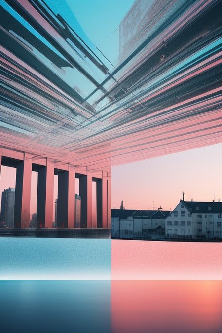 minimalism, abstract, orange, fuchsia, blue, perspective, double exposure, waterfront in winter, surreal, hyper-detailed, intricate details, professional photo, vivid colors, full-scene view