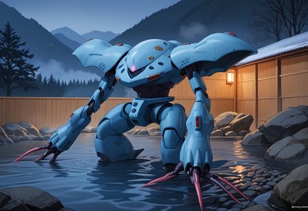 score_9, score_8_up, score_7_up, source_anime, front view, BREAK,  ( hygogg, blue_hygogg_armor, pink monoeye, from side, looking at viewer, long arms, very long arms, long claws) 1mech, blue mech, wide mech, large shoulders, large shoulder armor, mech focus, solo, BREAK, two arms, submerged in hot spring, swimming, ruanyi0653,onsen,fence,rock,water,fog,