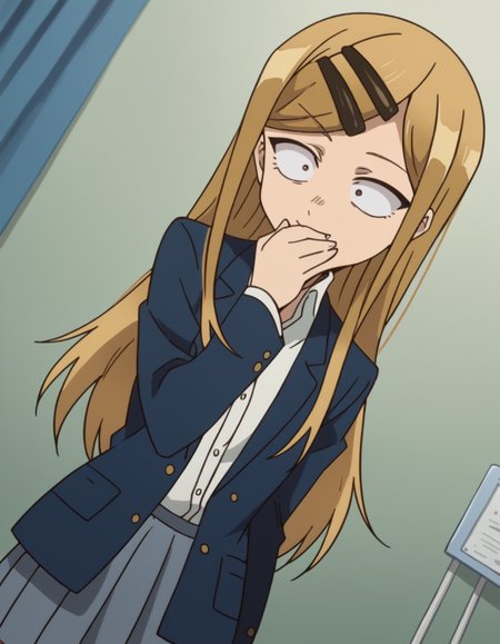 score_9, score_8_up, score_7_up, source_anime, <lora:saya-endou-s2-ponyxl-lora-nochekaiser:1>, saya endou, long hair, blonde hair, hair ornament, brown eyes, hairclip, fang, wide-eyed, constricted pupils, sanpaku,, skirt, shirt, hair ornament, school uniform, jacket, pleated skirt, socks, blazer,, hospital room, bedside, get well flowers, comforting, quiet, smile, , hand covering mouth, solo,, cowboy shot, dutch angle