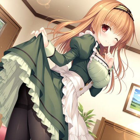 <lora:Asamiya_Shiina_1_nai-000027:1>,Asamiya Shiina,
twin braids,two-tone hairband,black hairband,yellow hairband,frilled hairband,maid,black pantyhose,juliet sleeves,green dress,white apron,maid apron,frilled dress,white dress,puffy long sleeves,frills,
BREAK
1girl,solo,one eye closed,looking at viewer,indoors,skirt lift,smile,blush,living room,lens_flare,dutch angle,finger to mouth,from side,