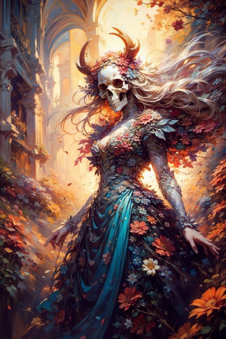 (masterpiece:1.1), (best quality:1.1), (vibrant colors:1.2), BREAK,
(horror:1.2),<lora:painting:0.7>, <lora:EdobHorrorLandscape_v1.0:0.1>, BREAK,
(solo:1.2), (no human:1.0), (skull face:1.1), (horns:1.0), (long hair:1.1), (flower dress:1.2), (flowers:1.2), (windy:1.0),