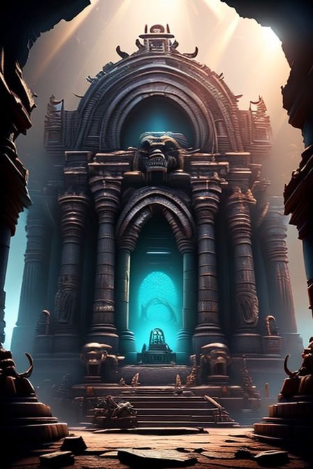 A sinister and exotic digital painting, (HDR, Unreal Engine:1.4),The Lost Shrine of the Ape God, a central jeweled stone idol, evil hideous idol, ancient and crumbling pillars, very dark, eldritch braziers, ancient stone steps, (grotesque carvings:1.3), high dome, shaft of sunlight, old and dreadful, bones, age haunted, (terrifying:1.2), magnificent, decadent, degenerate, (perfect composition, maximalist and detailed:1.2), (masterpiece:1.4), (high quality:1.3), subsurface scattering, volumetric lighting, heavy shadows, Temple, evilrealm