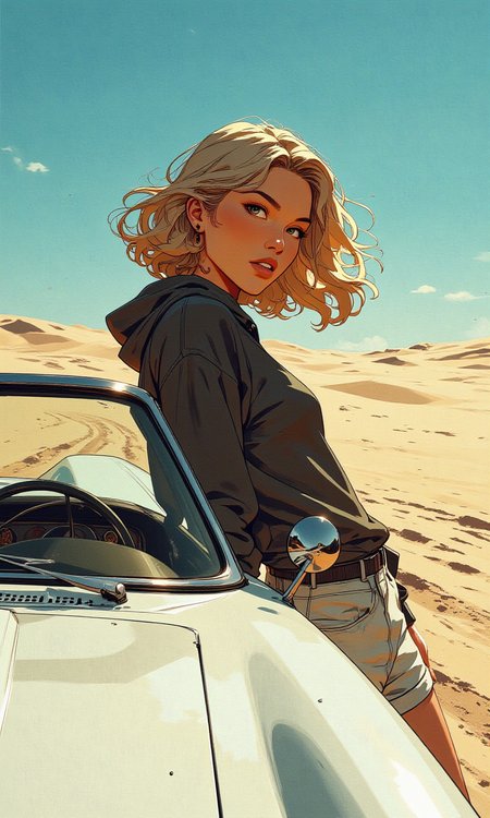 This image captures a striking and dynamic scene featuring a woman leaning against a white convertible car on a sandy beach. The woman has long, wavy hair that flows freely around her shoulders. She is wearing a dark gray hoodie with the sleeves pushed up to her elbows, giving her a casual yet stylish look. Her expression is intense and focused, adding a sense of drama to the image.
The car is sleek and modern, with a shiny white exterior that reflects the bright sunlight. The convertible top is down, revealing the interior of the car. The woman is positioned in such a way that she appears to be interacting with the car, perhaps getting ready to drive or simply posing for the camera.
The background features a vast expanse of sand, with tire tracks visible in the distance, suggesting that the car has been driven through the sand. The sky above is clear and blue, indicating a sunny day at the beach. The overall mood of the image is one of freedom and adventure, capturing a moment of excitement and spontaneity.
BREAK anime, bboil artist style, <lora:FLUX\Synesthesia:0.2>, <lora:FLUX\RetroAnimeS1.1:0.4>, <lora:FLUX\Flux-jijia:0.1>, <lora:FLUX\RM_Artistify_v1.0M:0.1>, <lora:FLUX\Organic Sauce - FLUX:0.6000000000000001>, <lora:FLUX\It's a LoRA for portraits, BUT! actually specialized in backgrounds. v1.0:0.30000000000000004>, <lora:FLUX\Dieselpunk Delight - s0_9 g4:0.4>