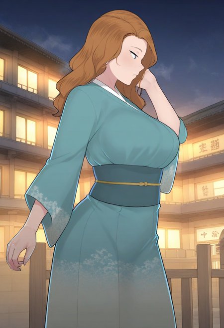 masterpiece, best quality, amazing quality, 1girl, solo, large breasts, Walking with one hand brushing hair back, from_behind, Turquoise kimono skirt, wavy hair, french twist, Ginger hair, floating city, cropped_torso, <lora:Illustrous\ntrman_IL:1.0>