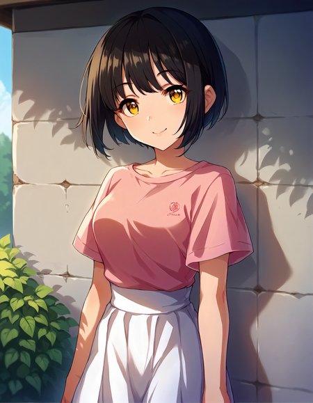 score_9,score_8_up,score_7_up,1girl,solo,cowboy shot,smile,closed mouth,looking at viewer,outdoors,
<lora:takafujikako_ponyXLV6:0.8>,cgtkk,
black hair,short hair,yellow eyes,
pink shirt,short sleeves,white skirt