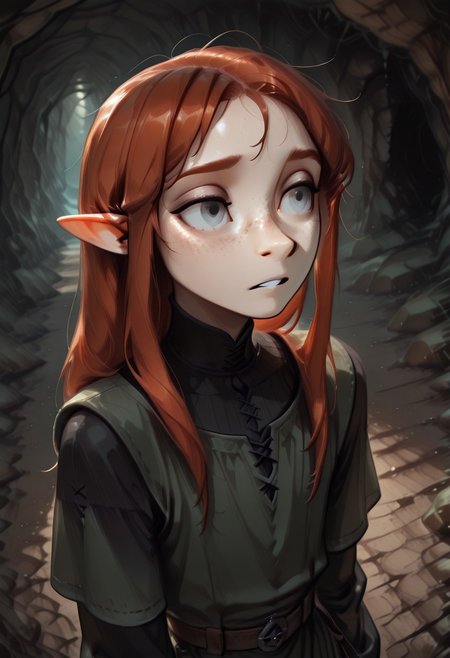 1person, solo, Lapanya, Malgha, freckles, pointy ears, Long-sleeve black shirt, green tunic,
Close up, looking to the side, high angle, anxious expression,
Underground, organic cavern,
Masterpiece, high quality, highly detailed, perfect eyes,