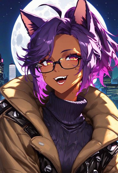 score_9_up, score_8_up, score_7_up, very detailed, cute catgirl, cute pose, catgirl ears, tanned skin, dark skin, titanium framed glasses, bright neon purple hair, ponytail hair, short hair, ahoge hair, sly smile, open mouth, starry jewelrey, baggy sweater, oversized sweater, Dark Red Turtleneck sweater, black leather coat over sweater, studded coat, spiked coat, night time, cyberpunk city in background, moon, solo focus on face, from torso up, detailed face, best detail, (best quality:1.5), masterpiece, (high resolution:1.5) 
ng_deepnegative_v1_75t, OverallDetail, , Expressiveh
