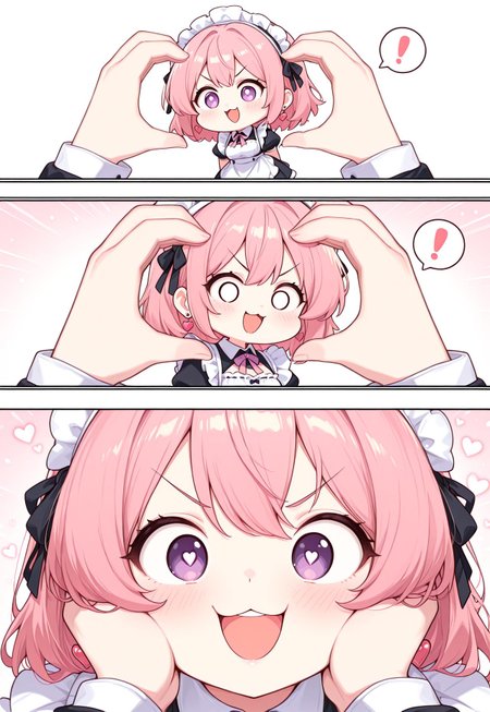 absurdres, masterpiece, 1girl, anime girl, solo, BREAK, CivChan, purple eyes, pink hair, BREAK, heart earrings, BREAK, maid headband, BREAK, snootchallenge, 3koma, chibi, comic, 1girl, 1other, blush, :3, :d, smile, open mouth, v-shaped eyebrows, looking at viewer, heart, upper teeth only, teeth, spoken exclamation mark, !, o o, pov, pov hands, heart hands, hands on another's face, hands on another's cheeks, out of frame, simple background,