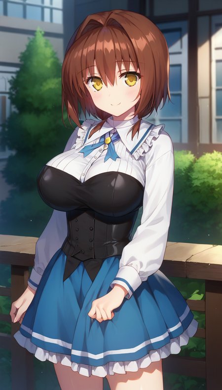 score_9,score_8_up,score_7_up,score_6_up BREAK official art,solo,outdoors,upper body,(portrait:1.5),looking at viewer,facing viewer,smile,blush,Miyabi Hotaka,short hair,brown hair,red hair,hair intakes,hair between eyes,bangs,yellow eyes,neck ribbon,blue ribbon,frilled shirt collar,white shirt,long sleeves,large breasts,black bandeau,black corset,blue skirt,pleated skirt,frills,black socks,mary janes,black footwear,<lora:Miyabi Hotaka(ad)-Pony:2>,