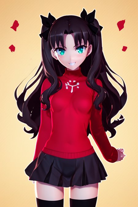 score_9, score_8_up, score_8, medium breasts, (curvy), cute, eyelashes,       BREAK, , BREAK, <lora:rin-tohsaka-ubw-ponyxl-lora-nochekaiser:0.8>, rin tohsaka, aqua eyes, black hair, hair ribbon, long hair, ribbon, sidelocks, two side up, positive:BREAK, parted bangs, black skirt, black thighhighs, long sleeves, miniskirt, pleated skirt, red sweater, skirt, sweater, thighhighs, turtleneck,, <lora:Zy0n7_PDXL:1.0>, , BREAK,  smile, looking at viewer, cowboy shot,  embedding:zPDXL, Expressiveh, <lora:SDXLFaeTastic2400:0.5>,  <lora:Expressive_H-000001:0.4>,