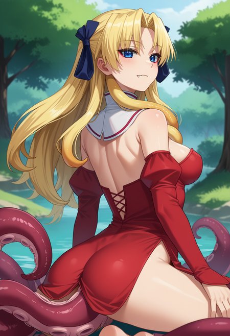 score_9, score_8_up, score_7_up, source_anime, rating_explicit,
BREAK
<lora:shiTentV1:1>,
shihybridcle, tentacle girl, tentacles, tentacle hair, colored sclera, fang, monster girl, suction cups, scylla, 
1girl, solo, 
<lora:shiCampEricaV1:0.9> shiericadress, long hair, blonde hair, blue eyes, hair ribbon, long sleeves, red dress, cleavage, bare shoulders, detached sleeves, detached collar, frills,
kneeling, from behind, ass, ass focus, 
outdoors,