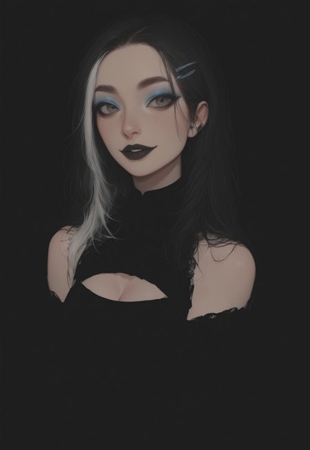 (Blend_in, black background), score_9, score_8_up, score_7_up, masterpiece, best quality, absurdres, vibrant, highly detailed, very aesthetic, sidelightning, (portrait, close-up, focus on face), 1girl, Ally, beautiful, flawless, perfect face, grey eyes, (goth girl, black lace outfit, black low cut silk blouse, cleavage cutout, cleavage, lace-trimmed clothes), bare shoulders, goth outfit, hair clips, black hair with white highlights, freckles, blue eyeshadow, black lipstick, smile, parted lips, looking at viewer