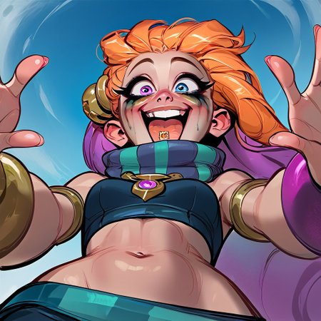 1girl, (ruined makeup:1.25), (excited:1.9), (solo), extreme close-up, intense dynamic angle from below, very near picture, macro shot focused on face, score_9, score_8_up, score_7_up, score_6_up, source_cartoon, Expressiveh, ZoeLoLXL, purple eyes, (blue eye:1.1), heterochromia, orange hair, multicolored hair, gradient hair, long hair, single braid, hair ornament, forehead, small breasts, green scarf, striped scarf, bare shoulders, blue midriff, necklace, armlet, bracelet, navel, blue shorts, green belt, blue legwear, toeless legwear, show only face, 34tp4p3r, open mouth, tongue out with a small, detailed stamp on the tongue, camera positioned close to face at a slightly low angle, arms reaching towards the camera, hands extended forward, foreshortened arms, perspective focus on hands and face.