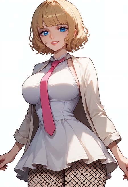 score_9,score_8_up,score_7_up,score_6_up, <lora:stussy_xl:1>stussyop, 1girl,short hair,blue eyes, blonde hair, solo, breasts, necktie, fishnets, large breasts, thighhighs, pink necktie, looking at viewer, white background, parted lips, fishnet thighhighs, between breasts,white  jacket, dress, smile, necktie between breasts, bangs