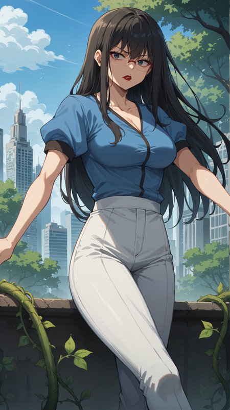 score_9,score_8_up,score_7_up,score_6_up, <lora:xl_more_art-full_v1:0.5>, source_anime, woman, dynamic pose, crossed legs,  <lora:Touko Kanbayashi - Pony-000004:0.8>, glasses, long hair, black hair, dark blue eyes, blue shirt, short sleeves, white pants, red lipstick, tired eyes, overgrown city, modern city, trees, vines, vegetation, skyscraper, post-apocalypse,