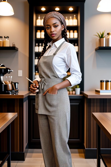 <lora:LCM_LoRA_Weights_SD15:1>,<lora:detail_slider_v4:1.1>,(attentive barista) 32yo old middle-aged Woman, plump build, extra long deep red double braids hair, black american, dark skin, hazel eyes, wearing a headband, beige checked button-down shirt, tailored trousers, checked apron, loafers, glossy lip balm, a pair of stylish gloves,a name tag, set in a trendy cafe, featuring contemporary decor, sleek furniture, artistic touches, a lively vibe, at morning,fashion photography, glamorous, stylish attire, captivating pose, dynamic composition, high-fashion aesthetic, professional studio lighting, expert styling, showcasing trend, conveying elegance, conveying attitude, evoking emotion, creating visual impact, editorial storytelling, artistic interpretation, fashion-forward visual,