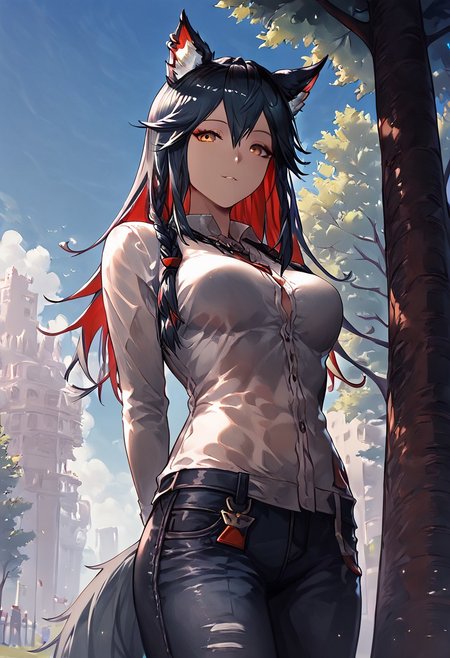 1girl, texas (arknights), female, young, wolf girl, wolf tail, wolf ears, animal ear fluff, amber eyes, multicolored hair, black hair, red inner hair,  slender body, (medium breasts:1.2, round breasts, perfectly shaped breasts), buttoned shirt, denim pants, (petite body:1.4), happy, looking at viewer, park, laying against a tree, taut clothing, headshot, inviting expression, side view, jeweled necklace, dutch angle, dark eyeliner, spring colors, cornrow braids, head turned, (low-angle view:1.4), hands behind back, score_9, score_8_up, score_7_up, (masterpiece, best quality, very aesthetic, ultra detailed), intricate details, beautiful face, detailed eyes, detailed background, granblue_fantasy_style_xl, expressiveh, light from above