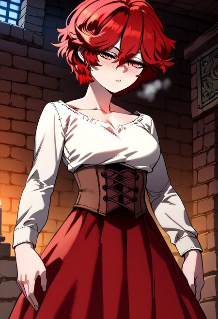 score_9, score_8_up, score_7_up, score_9, score_8_up, score_7_up,Masterpiece,HD,(((HD quality))), (((ultra quality))), hyper ultra detailed, hyper ultra quality,solo,mature female,
<lora:StS_PonyXL_Detail_Slider_v1.4_iteration_3:3>,
Background dungeon, bricks, filth on the walls, anime font,from below, looking at the viewer,indoors,
1girl, detailed, perfect arms, perfect face, perfect hands,alone ,blushed, very blushed,
BREAK
breasts perky,curvy, waist, slim,  perfect anatomy, height, tall,perfect body, 
BREAK
red hair, red eyes, hair between eyes, freckles, orange eyes, short hair,
BREAK
collarbone, white shirt, long sleeves, brown corset, red skirt