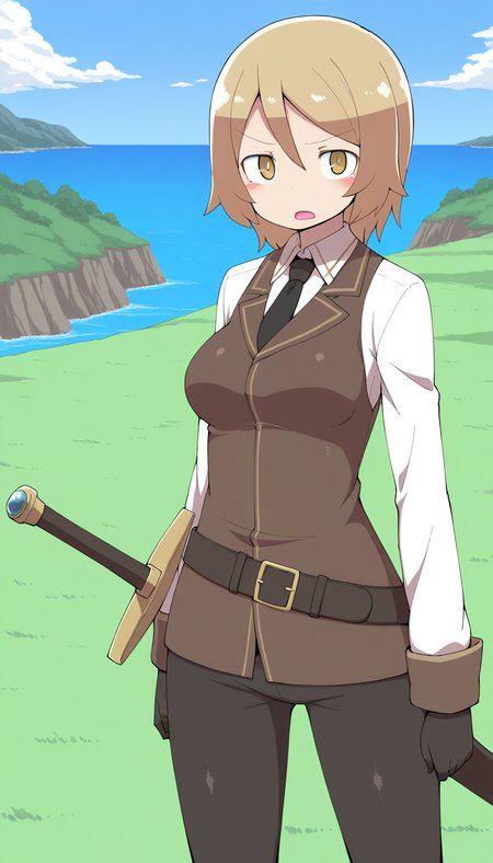 general,highres, ultra-detailed,very aesthetic,best quality ,best hands,  BREAK  <lora:Moka_margaret_IS:1>Moka_margaret, 1girl, short hair, blonde hair, brown hair, brown eyes, breasts,
solo, gloves, necktie, black gloves, weapon, black necktie, vest, long sleeves, shirt, open mouth, sword, sheath, 
cowboy shot, collared shirt, white shirt, pants, yellow eyes, looking at viewer, sheathed, arms at sides, standing, bangs, pantyhose, brown vest, black pants,
island, grass,