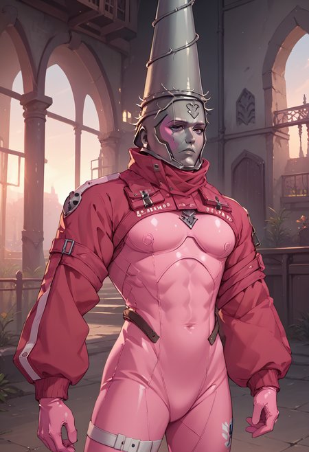 score_9, score_8_up, score_7_up, score_6_up BREAK EPalicebodysuit, wearing epalicebodysuit,pink bodysuit, shrug \(clothing\), breast pocket, elbow strap, shoulder strap, multicolored gloves, sleeves past wrists,solo,male focus,muscular,penitent one,grey helmet,faceless,expressionless  <lora:sppenitentOneXLPony:1> <lora:EPalicebodysuit:0.8>