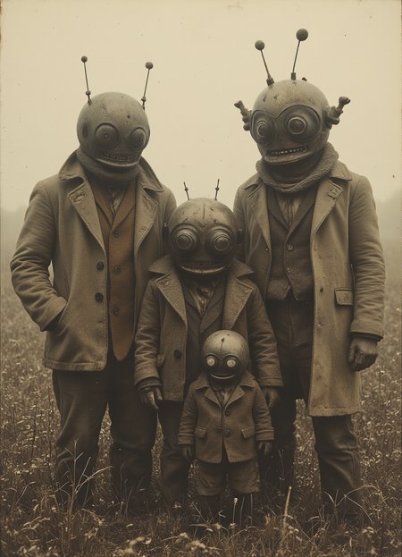 A hyper-realistic sepia-toned photograph depicting a surreal family portrait of four figures with robotic heads, standing in a field of tall grass. The image emulates the style of early 20th-century photography, with a slightly grainy texture and muted contrast.
The figures' clothing is detailed and worn, with visible creases, patches, and buttons, contrasting sharply with their mechanical heads. The background shows a misty, nondescript field, emphasizing the otherworldly nature of the subjects.
Every detail is captured with photographic precision - from the individual blades of grass in the foreground to the intricate mechanical components of the robot heads. The lighting is soft and diffuse, typical of overcast outdoor photography, highlighting the textures of both the organic and inorganic elements in the scene.
The overall effect is a haunting blend of historical imagery and science fiction, creating an unsettling yet captivating family portrait that challenges perceptions of humanity and technology.
