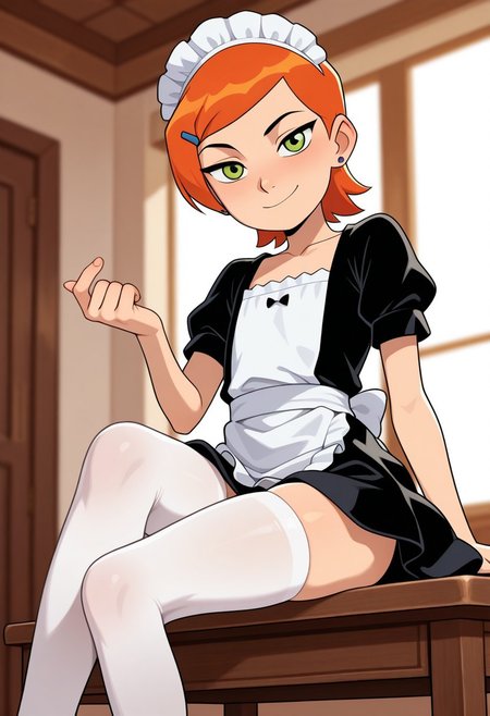 masterpiece,best quality,amazing quality,very aesthetic,high resolution,ultra-detailed,absurdres,newest,
Gwendolyn_Tennyson, calling viewer toward her, (beckoning finger), solo,maid, side smile, collarbone ,maid headdress,looking at viewer,apron,indoors,depth of field, sitting on table, legs, stockings, tracing finger on table
<lora:GwenTen-Illus-13:1>