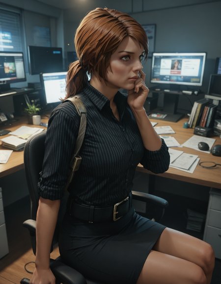 score_9,  score_8_up, score_7_up, <lora:grmsdttr-xl-v1-32:1> photo of grmsdttr, red hair, ponytail, brown eyes, black striped shirt, black skirt, wide belt, holster,
1girl, solo, sitting, thinking, hand on own chin, office chair, monitor, screen light, dim lighting, indoors, night