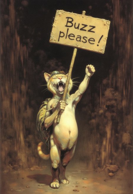 A cat holding up a sign saying 'Buzz please', Frank Frazetta fantasy oil painting